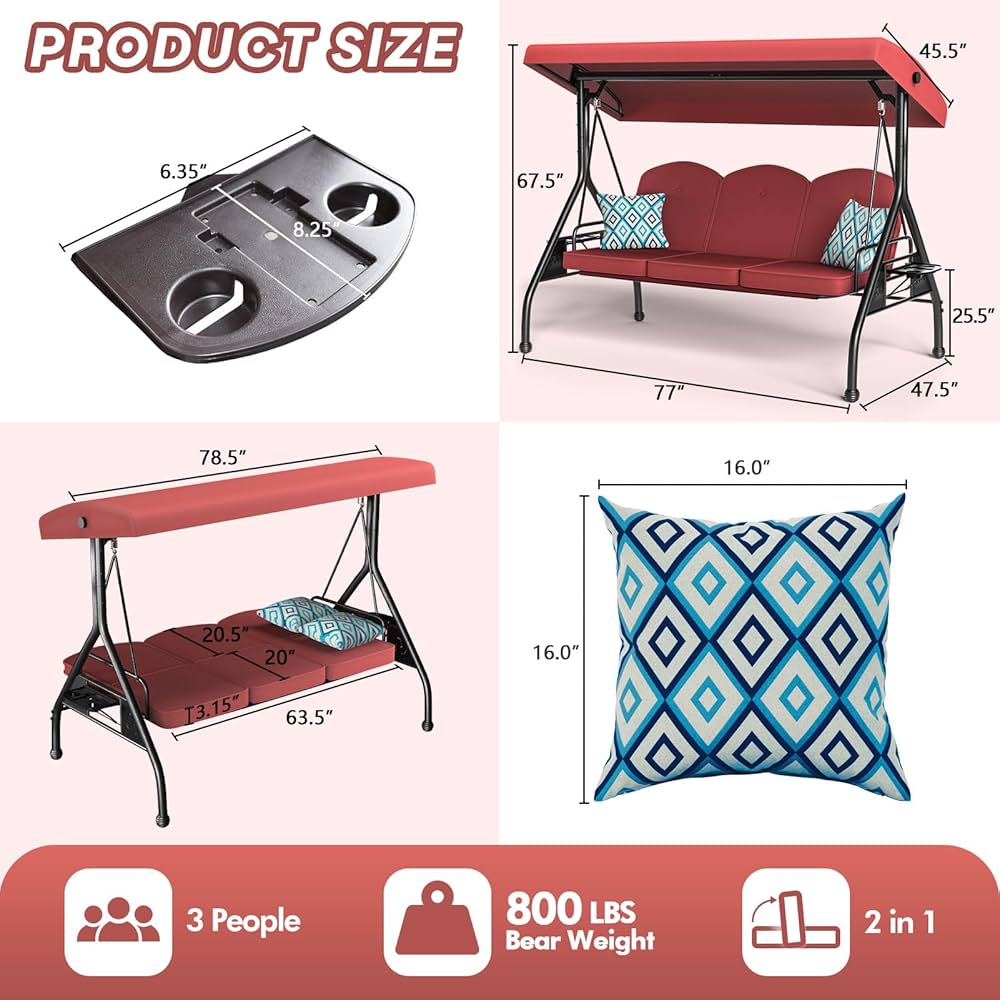 ｖｉｖｉｖｉｖｉ❤️ ZZW 3 Seat Outdoor Porch Patio Swing with Stand 800lbs 2-in